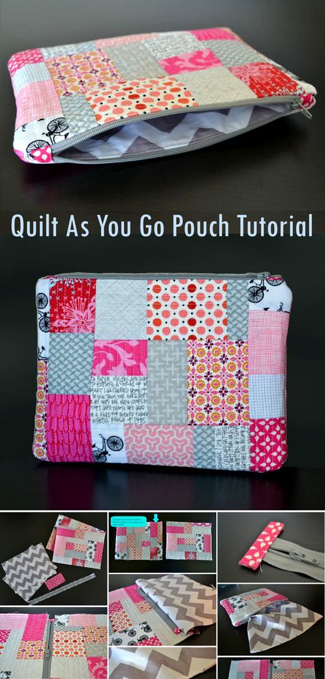 Zipper Pouch Tutorial Free Pattern Sewing Projects, Quilt As You Go Zipper Pouch, Quilted Zipper Bags Free Pattern, Quilt As You Go Projects, Cosmetic Bags To Sew, Quilted Zipper Pouch Tutorial, Makeup Bag Tutorials Free Pattern, Sew Cosmetic Bag, Easy Cosmetic Bag Pattern