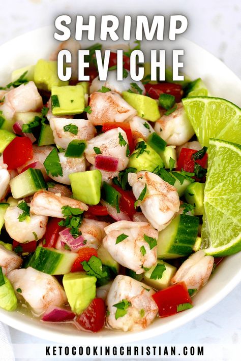 Shrimp Ceviche Made with tender, marinated shrimp and fresh veggies, this Shrimp Ceviche is perfect as an elegant appetizer, a light meal or savory snack. #ketoceviche #homemadeceviche #ketomexican Recipe With Cooked Shrimp, Easy Shrimp Ceviche Recipe, Easy Shrimp Ceviche, Frozen Cooked Shrimp, Shrimp Ceviche Recipe, Cooked Shrimp Recipes, Keto Shrimp Recipes, Cooked Shrimp, Ceviche Recipe