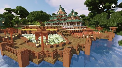 Minecraft Boardwalk Ideas, Minecraft Temple, Things To Build In Minecraft, Minecraft Japanese, Minecraft Town, Build In Minecraft, Japanese Town, Minecraft Mansion, Japanese Village