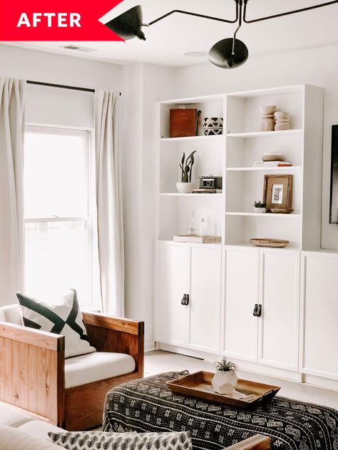 To make the shelves look seamless with the walls, Erica says you can add a bit of pre-cut wood painted the same color to fill in any extra space in the corners and then seal the gap between wood and the walls. Ikea Decor Hacks, Bookcase Redo, Billy Ikea, Ikea Built In, Billy Bookcase Hack, Ikea Billy Bookcase Hack, Room Accent Wall, Ikea Decor, Ikea Billy Bookcase