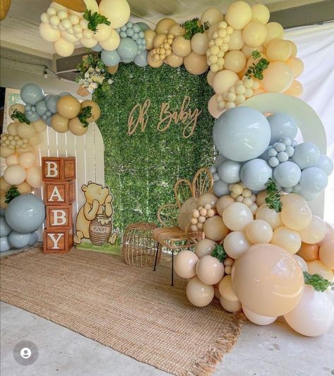 26 Winnie the Pooh Baby Shower Ideas - Lady Celebrations Sage Green Winnie The Pooh, 100 Acres Woods Party, Winnie The Pooh Baby Shower Color Scheme, Boy Baby Shower Ideas Winnie The Pooh, Baby Shower Nutrual, Winner The Pooh Baby Shower Ideas, Weenie The Pooh Baby Shower Ideas Boy, Pooh Gender Reveal Party, Winnie The Pooh Backdrop Ideas