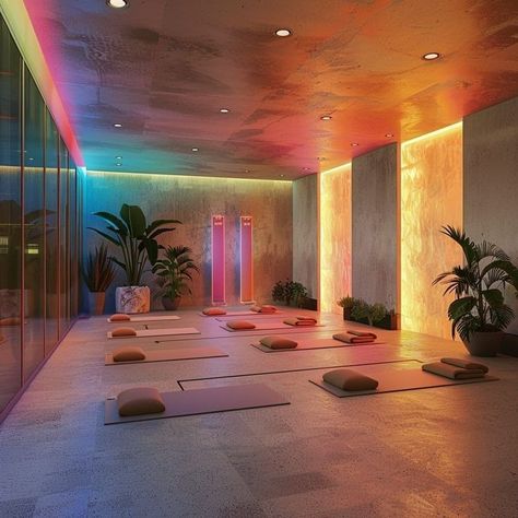 Group Therapy Room Interior Design, Group Fitness Studio Design, Hot Yoga Studio Aesthetic, Pilates Studio Interior Design, Boutique Yoga Studio, Colorful Yoga Studio, Pilates Interior Design, Yoga Studio Lighting, Yoga Studio Ideas