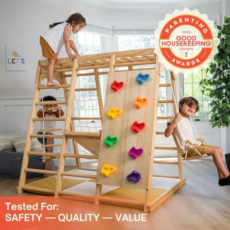 Avenlur Magnolia Indoor Playground 7-in-1 Jungle Gym Playset for Kids 2-6yrs - Slide, Climbing Wall, Rope Wall Climber, Monkey Bars, Swing - Waldorf and Montessori Style Wooden Climb Set. USA Company. Indoor Playset, Wooden Playground, Playground Structures, Rope Wall, Rope Ladder, Rock Climbing Wall, Swing Design, Wood Ladder, Jungle Gym