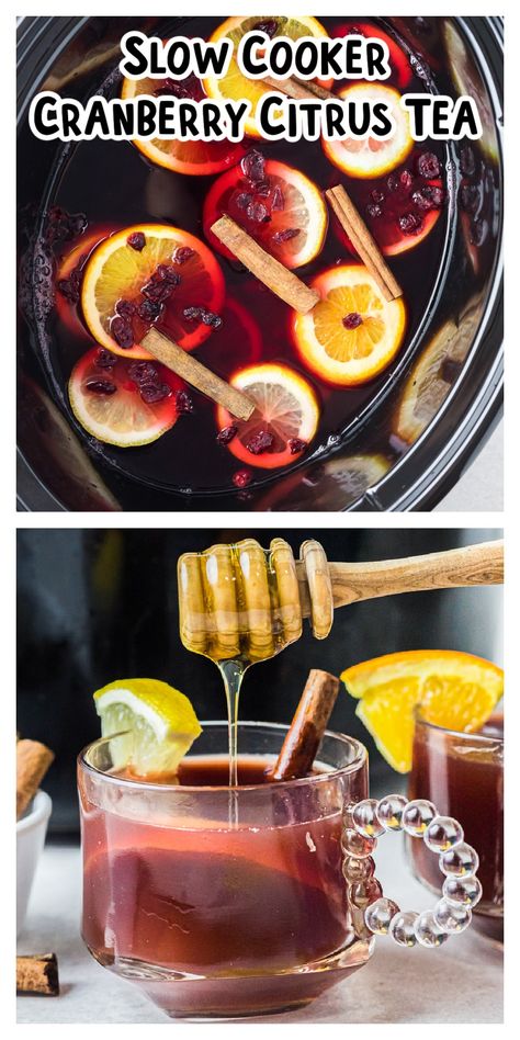 Whether you're feeling a bit chilled or looking for a flavor-packed drink for guests, this slow cooker cranberry citrus tea is a must-try. Black tea, cranberry juice, cinnamon sticks, and a few citrus fruits come together for an aroma and taste that's irresistible. - The Magical Slow Cooker Cranberry Orange Tea, Slow Cooker Drinks, Orange Spice Tea, Citrus Tea, Cranberry Tea, Magical Slow Cooker, Cranberry Drinks, The Magical Slow Cooker, Cocoa Coffee