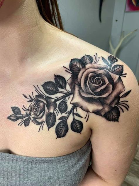 Shoulder Cover Up Tattoos, Rose Chest Tattoo, Arm Cover Up Tattoos, Black Rose Tattoo, Rose Tattoo Ideas, Rose Shoulder Tattoo, Rose Tattoos For Women, Blue Rose Tattoos, Girl Back Tattoos