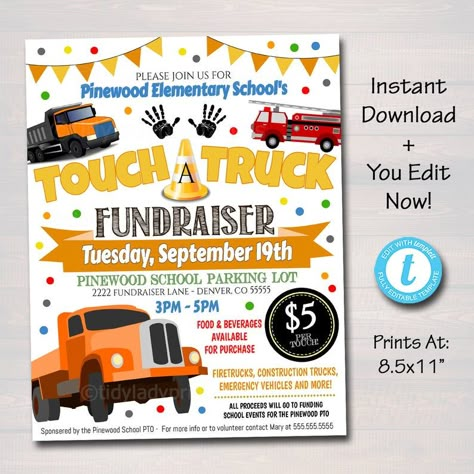 EDITABLE Touch a Truck Fundraiser Flyer Printable Handout | Etsy Pta Organization, Unique Fundraisers, Pta Fundraising, Fundraiser Event, School Pto, Fundraiser Flyer, School Event, School Events, School Fundraisers