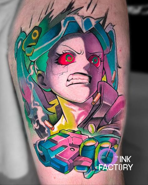 Rebecca from Cyberpunk Edgerunners! Done by Dean @dmc_ink for the ever so lovely @dangannon_ise Be sure to check out Deans available pieces! Banger after banger available! DM us know to book them in. #Tattoo #Ink #Inked #Art #Anime #Netflix #Cyberpunk #Edgerunners #AnimeTattoo #CyberpunkTattoo Rebecca Cyberpunk Edgerunners Tattoo, Cyberpunk Rebecca Tattoo, Cyberpunk 2077 Tattoo Ideas, Cyberpunk Anime Tattoo, Bladerunner Tattoo, Cyberpunk Edgerunners Tattoo, Cyberpunk 2077 Tattoo, Rebecca Tattoo, Cyberpunk Rebecca