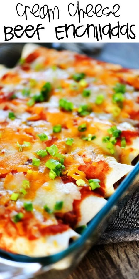 Cream Cheese Beef Enchiladas - Life In The Lofthouse Taco Alternatives, Mexican Food Recipes Enchiladas, Enchiladas Beef, Recipes Enchiladas, Life In The Lofthouse, Easy Beef Enchiladas, Beef Enchilada Recipe, Ground Beef Enchiladas, Authentic Mexican Recipes