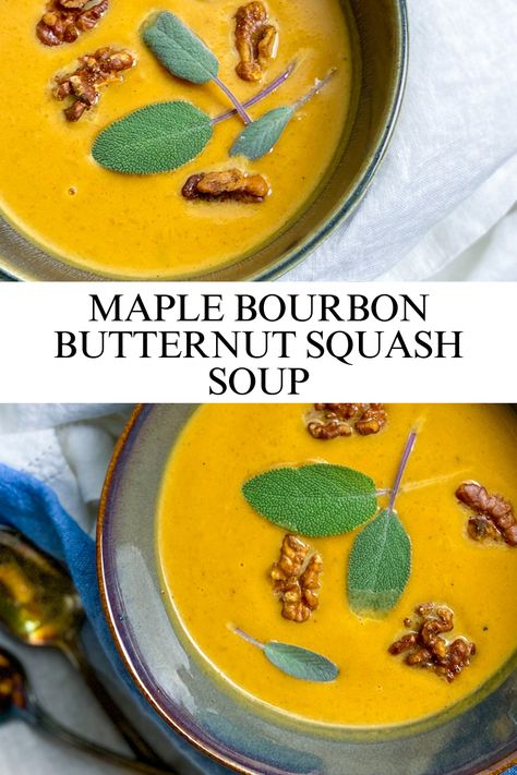 As the leaves turn fiery shades and the air becomes crisp, there’s nothing quite like a warm bowl of maple bourbon butternut squash soup to make us feel all snug and cozy. This hearty soup is like a hug in a bowl, combining the sweetness of maple syrup, the earthy goodness of butternut squash, and a touch of smoky bourbon. It’s a tasty adventure for your taste buds, perfect for chilly evenings or whenever you need a little warmth in your belly. Maple Butternut Squash Soup, Bourbon Cream Sauce, Ww Dinner, Maple Bourbon, Potluck Party, Roasted Butternut Squash Soup, Hearty Soup, Holiday Dessert Recipes, Butternut Squash Recipes