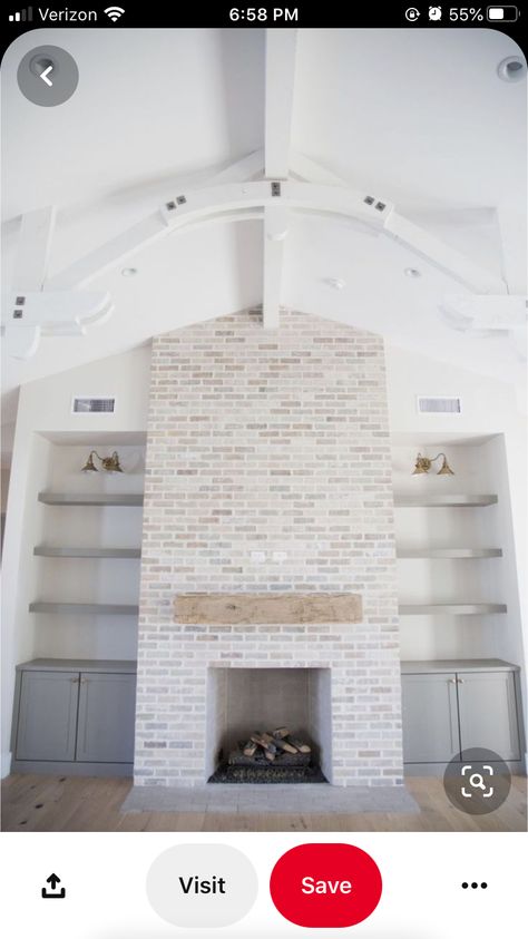 Fireplace And Shelves, Arched Beams, Grey Bookshelves, White Brick Fireplace, Brick Fireplace Makeover, White Wash Brick, Fireplace Built Ins, Farmhouse Fireplace, Fireplace Remodel