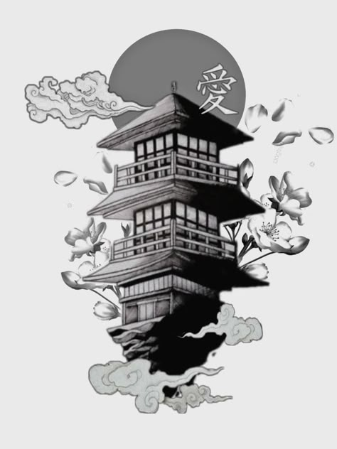 Temple Tattoo Japanese, Samurai And Temple Tattoo, Japanese Pagoda Tattoo Design, Japan Temple Tattoo, Samurai Temple Tattoo, Japanese Pagoda Tattoo, Pagoda Tattoo Design, Japanese Temple Tattoo Design, Japanese Temple Drawing