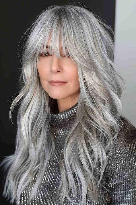 The Best Long Haircuts of 2024 Grey Hair With Curtain Bangs, Long Silver Hair Older Women, Long Grey Hair With Bangs, Grey Hair Fringe, Hair With Grey Highlights, Golden Honey Balayage, Blonde Hair With Grey Highlights, Haircuts With Fringe, Hair Sparkles