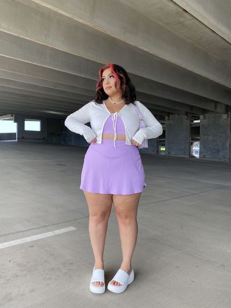 cute casual summer outfit. 💜 outfit inspo, plus size outfits, fashion nova, platforms, two piece sets, soft girl, girly fashion, tie top outfits Y2k Fashion On Plus Size, Different Aesthetics Fashion Plus Size, Y2k Outfits For Plus Size, Mini Golf Date Outfit Plus Size, Outfit Inspo Aesthetic Plus Size, Y2k Aesthetic Outfits Plus Size, Aesthetic Summer Outfits Plus Size, Y2k Style Plus Size, Mid Size Fashion Inspo Outfits