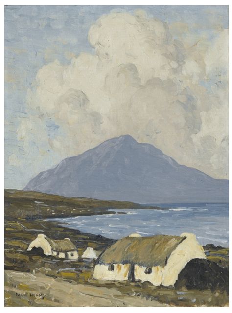 Paul Henry~ a view of croagh patrick Irish Contemporary Art, Irish Landscape Art, Irish Artwork, Irish Cottage Exterior, Irish Cottage Decor, Irish Cottage Interiors, Irish Painters, Ireland Cottage, Best Of Ireland