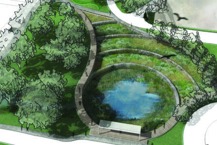 Campus Landscape Design, Pond Landscape, Fusion Water, Retention Pond, Water Artists, Water Sculpture, Campus Design, Pond Water Features, Pond Landscaping