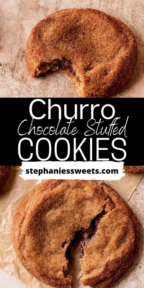 How To Stuff Cookies, Best Unique Cookie Recipes, Unique Chocolate Desserts, Churro Brownies, Unique Cookie Ideas, Gourmet Stuffed Cookies, Churro Cookies Recipes, Unique Cookies Recipes, Filled Cookies Recipes