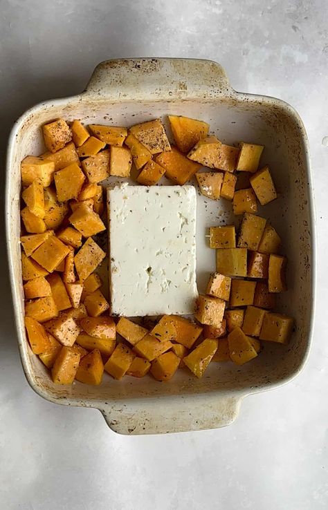 This easy, baked feta pasta recipe uses butternut squash for a creamy, delicious texture and taste. A fun autumnal twist on the viral baked feta pasta trend from a couple of years ago, I just know this will be a staple in many households for the colder months! Squash Feta Pasta, Butternut Squash Feta, Pasta With Butternut Squash, Butternut Recipes, Veg Meals, Baked Feta Pasta, Meat Replacement, Butternut Squash Pasta, Baked Feta