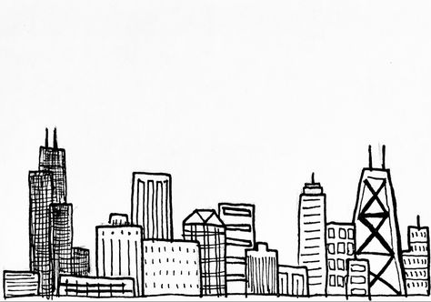 Chicago Buildings Drawing, Chicago Skyline Sketch, Chicago Drawing Simple, Chicago Skyline Drawing, Chicago Sketch, Sketch Pen Art, Skyline Sketch, Chicago Skyline Art, Building Drawings