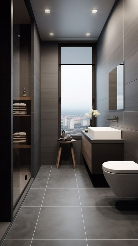 Grey House Aesthetic, Dark Modern Industrial, Masculine Bathroom Ideas, Bloxburg Bathroom Ideas, Masculine Bathroom, Dark Interior Design, Bathroom Grey, Restroom Design, Grey Aesthetic