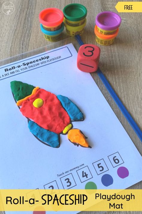 Roll a Spaceship Playdough Mat, such a fun Play-Doh activity for preschoolers/kindys! #freebie #freeprintable #teachmemommydotcom Playdough Activities For Preschoolers, Playdoh Activity For Toddlers, Playdoh Activities For Preschool, Playdough Ideas For Kids, Clay Activity For Kids, Play Doh Crafts, Playdough Art, Playdough Crafts, Playdoh Activity