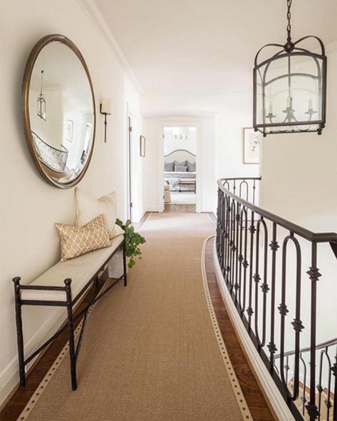 “We like the clean aesthetic of this hallway painted in Ballet White OC-9, part of our #ColorTrends2016 collection (via @marieflaniganinteriors &…” Marie Flanigan Interiors, Upstairs Hallway Ideas, Hallway Paint, Marie Flanigan, Living Colors, Houston Interior Designers, Colonial Style Homes, Upstairs Hallway, Foyer Decorating