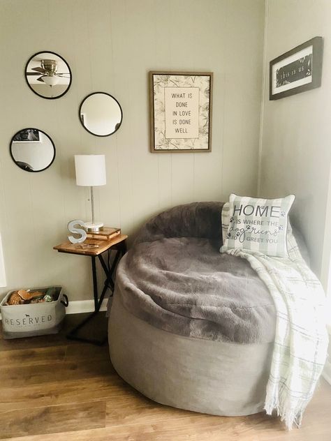 Perfect reading corner set up for empty corner, open floor plan, or part of living room! Cordaroy’s queen Nest bean bag chair is pictured. Reading Corner With Bean Bag, Bean Bag Chair Styling, Corner Couch Bedroom, Bean Bag Chair Decor, Reading Corner Bean Bag, Bean Bag Corner Ideas, Cozy Bean Bag Corner, Bean Bag Living Room Ideas, Comfy Corner Bedrooms