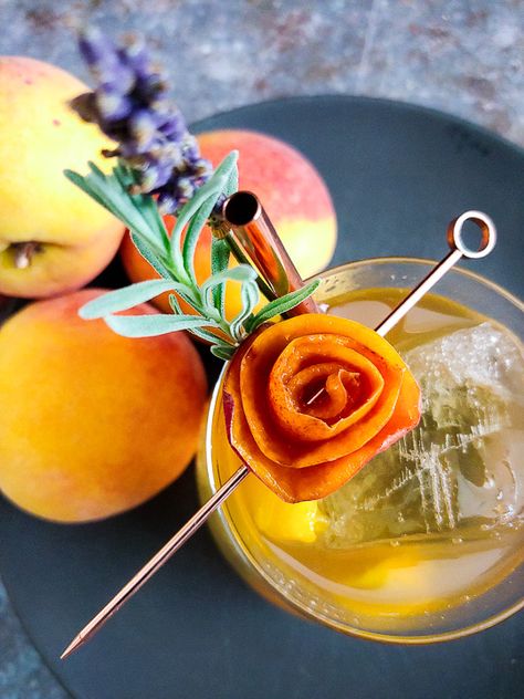 Peach Lavender Old Fashioned - My Peach of Mind - Cocktail Contessa Old Fashioned Garnish, Peach Garnish, Liquor Ideas, Lavender Bitters, Modern Cocktails, Cocktail Garnishes, Peach Cocktail, Peach Lavender, Cocktails At Home