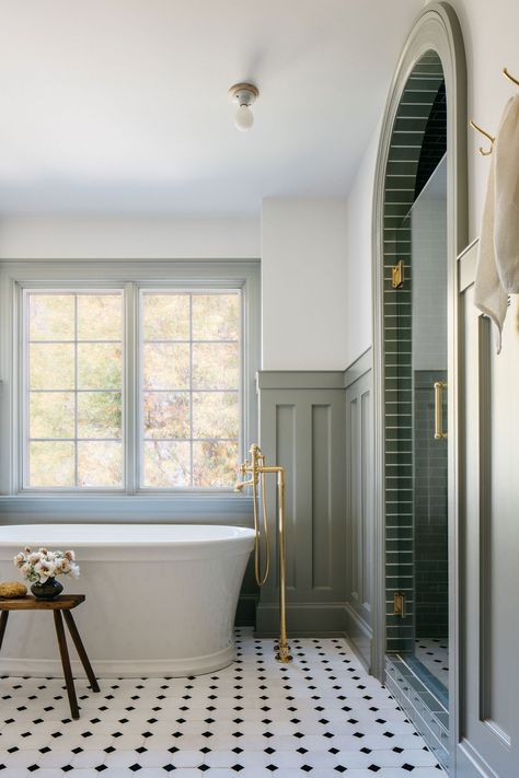 Geneva Residence — Corey Lohmann Design Walls With Molding, Subway Shower Tile, Sage Walls, Colonial Bathroom, Timeless Bathroom, Bathroom Tile Designs, Bathroom Goals, Bathroom Inspiration Decor, Design Bathroom