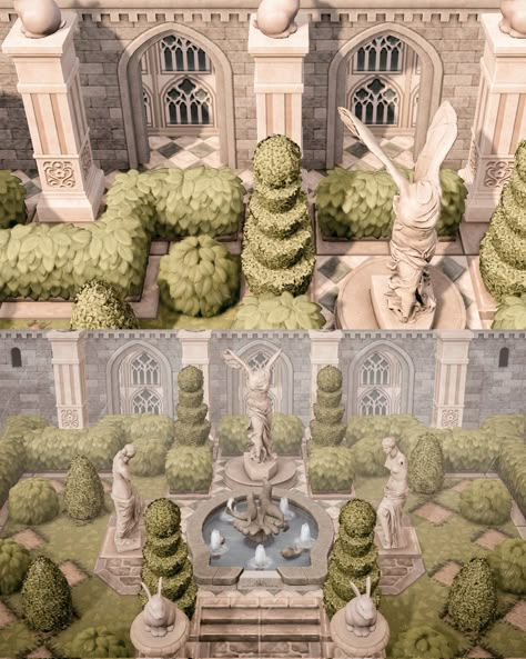 Acnh Castle Village, Acnh Manor House, Acnh Kingdom Design, Acnh Elegant Museum Entrance, Museum Inspo Acnh, Acnh Versailles Garden, Animal Crossing Sunken Museum, Acnh Elegantcore Museum, Garden Of Serenity Acnh