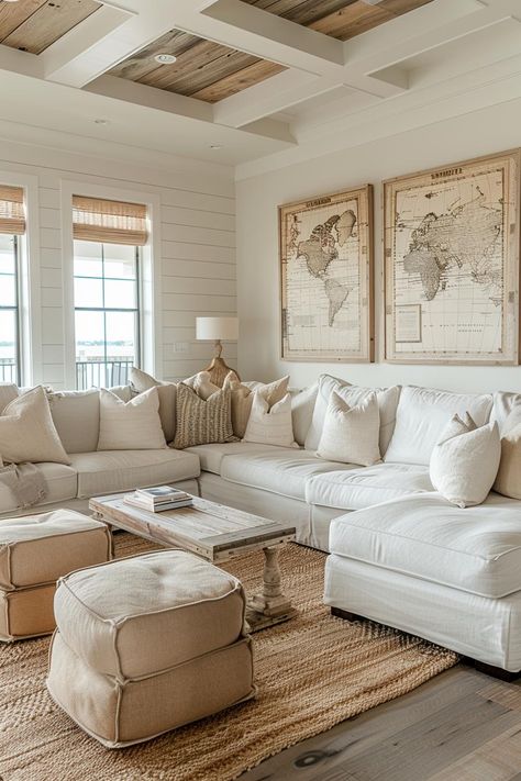 Neutral Coastal Living Room, Coastal Chic Living Room, Coastal Living Room Ideas, Coastal Decorating Living Room, Beach House Living Room, Neutral Home Decor, Florida Room, Coastal Living Rooms, Beautiful Home Designs