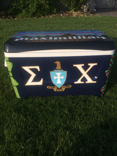 Sigma Chi cooler #fraternity #cooler #frat #formalcooler #paintedcooler #fratcooler #fraternitycooler #sigmachicooler #ΣΧ #sigmachi Frat Cooler Sigma Chi, Sigma Chi Frat Cooler, Sigma Chi Cooler, Frat Painting, Cooler Ideas Fraternity, Nola Cooler, Sorority Coolers, Frat Formal, Fraternity Cooler