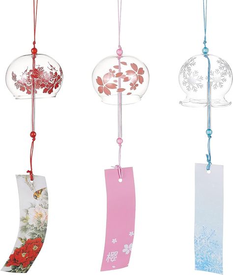 BENECREAT 3PCS Japanese Wind Chimes Pink Cherry/Red/Blue Glass Wind Bells Handmade Pendants for Birthday Gift and Home Decors Wind Chime Japanese, Japan Wind Chimes, Japan Honeymoon, Wind Bells, Japanese Wind Chimes, Birthday Aesthetic, Koi Art, Learn Japanese Words, Pink Cherry