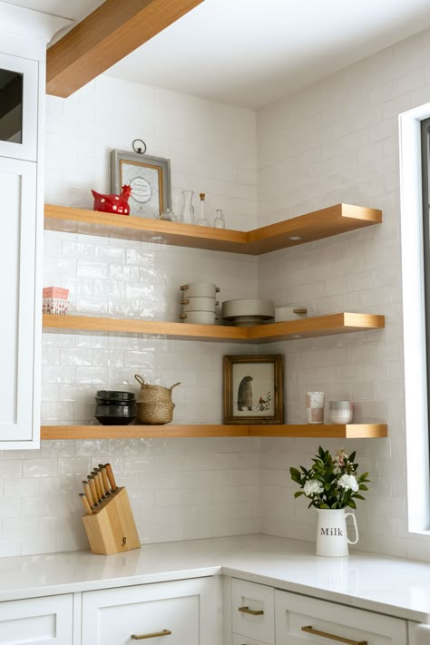 Functional Open Shelves Kitchen, Counter Corner Ideas, Kitchen Counter Corner, Corner Ideas, Open Kitchen Shelves, Diy Wall Shelves, Kitchen Corner, Kitchen Room Design, Minimalist Kitchen