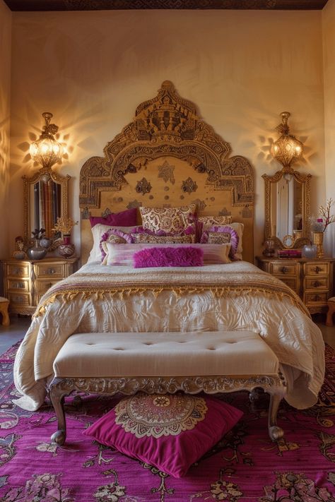 Arabian Nights Bedroom, Rustic Tile Floor, Retro Bedroom Ideas, Moroccan Bedroom Ideas, Ethnic Bedroom, Exotic Bedrooms, Moroccan Inspired Bedroom, Moroccan Bed, Distressed Wood Furniture