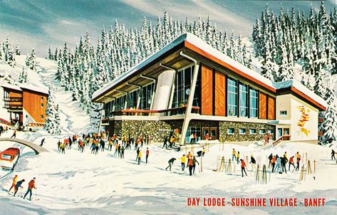 Ski Lodges: Mid-Century Modern | AlpineStyle56 Mid Century Modern Ski Lodge, Ski Lodge Illustration, 70s Ski Lodge, 80s Ski Lodge, Modern Ski Cabin, Ski Resort Architecture, Aspen Ski Lodge, Vintage Ski Resort, Modern Ski Lodge