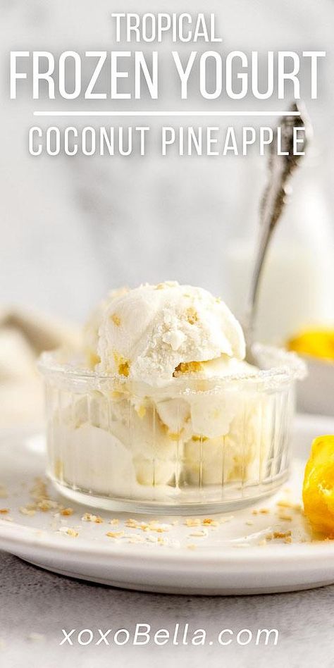 If you’re in the mood for ice cream but looking for something a little healthier, this coconut pineapple frozen yogurt is for you. Combining Greek yogurt with coconut milk, pineapple and coconut, this is the best frozen yogurt recipe I’ve made in a while. Sweetened with sugar and given a kick with a splash of vodka, it’s a real treat! If you have always wanted to make froyo or frozen yogurt in an ice cream machine, then test the waters with this tropical piña colada frozen treat. #icecream Vegan Almond Milk Ice Cream, Keto Ice Cream Recipes Machine, Greek Yogurt Ice Cream Recipe, Pineapple Frozen Yogurt, Almond Milk Ice Cream Recipe, Yogurt Ice Cream Recipe, Pineapple Coconut Ice Cream, Cuisinart Ice Cream Maker Recipes, Greek Yogurt Ice Cream