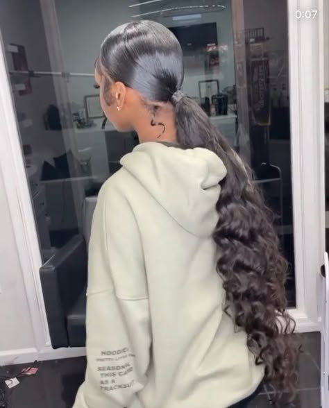 Middle Part Slick Back Ponytail Weave Curly, Wavy Slick Back Ponytail, Middle Part Ponytail Weave Curly, Long Slick Back Ponytail, Cute Birthday Hairstyles Black Women, Slick Back Ponytail Weave, Slick Ponytail Weave, Slick Back Braided Ponytail Weave, Sleek Ponytail Weave