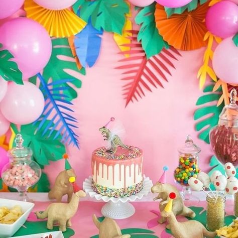 This bright pink dino party is unbelievably CUTE!! I love the twist of bright colors Dinosaur Photo Backdrop, Three Rex Birthday Party Girl, Girly Dinosaur Party, Girl Dinosaur Birthday Party, Girl Dinosaur Party, Rainbow Dinosaur, Poster Boards, Girl Dinosaur Birthday, Dinosaur Party Decorations