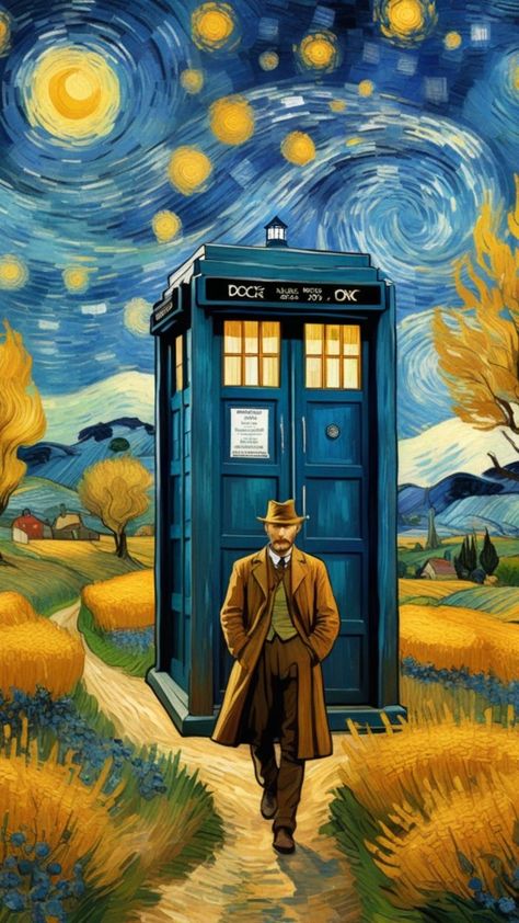 Impressionism Art Projects, Tardis Van Gogh, Tardis Starry Night, Vango Art, Art Starry Night, Tardis Art, Van Gogh Pictures, Vincent Art, Starry Night Wallpaper