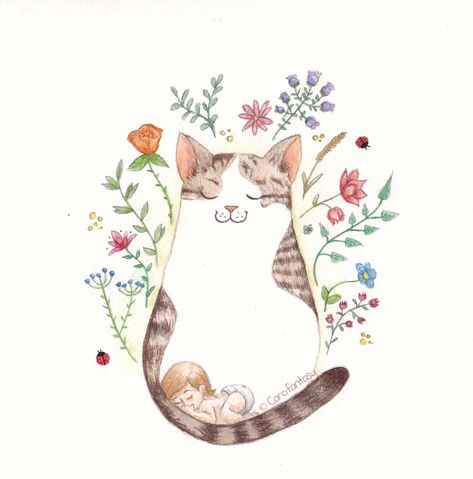 Baby Illustration, Watercolor Ideas, Watercolor Illustration, Cat Art, Art Style, Rooster, Drawings, Flowers, Animals