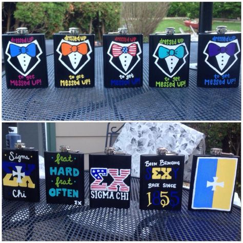 Sigma Chi Flasks. Totally making something similar for my guys Formal Flask, Fraternity Flask, Nola Cooler, Painted Flask, Frat Formal, College Crafts, Formal Cooler Ideas, Formal Cooler, Fraternity Coolers