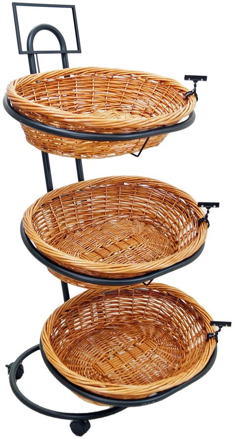 Rolling Wicker Basket Stand with Sign Holder 3 Tier Basket Stand, 2 Tier Basket, Tiered Basket Stand, Store Merchandising, Basket Stand, Vegetable Shop, Grocery Store Design, Food Cart Design, Fruit And Vegetable Storage