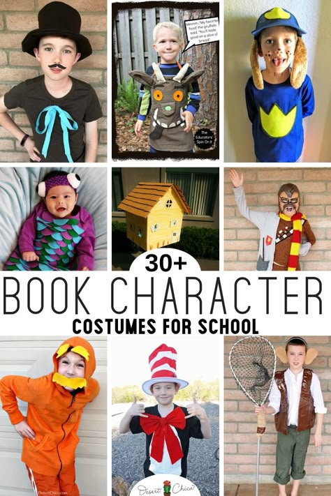 Easy DIY Book Character costumes for kids and for teachers. Over 30 classic and unique story book costumes for boys, for girls and for adults. Basically a simple or last-minute costume idea for just about everyone! Storybook Character Costumes | Character DIY Costume | Dress lie a Book Character for Kids | Dress like a Book Character for Teachers | Word Book Day Costumes for Teachers. Best Storybook Character Costumes, Story Book Character Costumes For Boys, Book Character Costumes For Kids Boys, Book Character Day For Boys, Last Minute Book Character Costumes, Storybook Character Costumes For Kids, Character Day Spirit Week Last Minute, Book Character Ideas, Diy Book Character Costumes