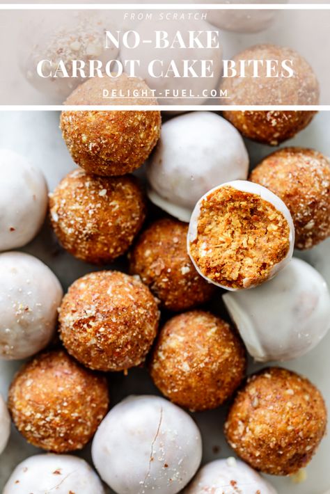 No-Bake Carrot Cake Bites - Delight Fuel Vegan Carrot Cake Cupcakes, Carrot Cake Bites, Carrot Cake Balls, Juice Pulp Recipes, Carrot Desserts, Pitted Dates, Vegan Snack Recipes, Healthy Carrot Cakes, Baked Carrots