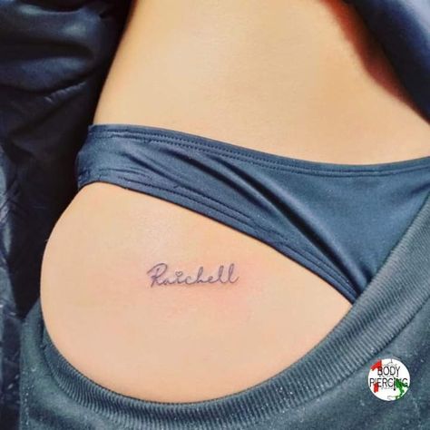 Hip Name Tattoos Women, Initials On Buttcheek Tattoo, Name Tattoos On Buttocks For Women, Name Tattoos On Buttocks, Name Tattoo On Buttcheek, Buttcheek Tattoo Women, Small Tattoos On Bum Cheek, Relationship Tattoo, Buttcheek Tattoo