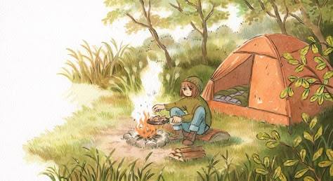 Heikala Art, Camping Illustration, Camping Drawing, Solo Camping, Camping Aesthetic, Camping Art, Best Places To Travel, Watercolor And Ink, Book Illustration