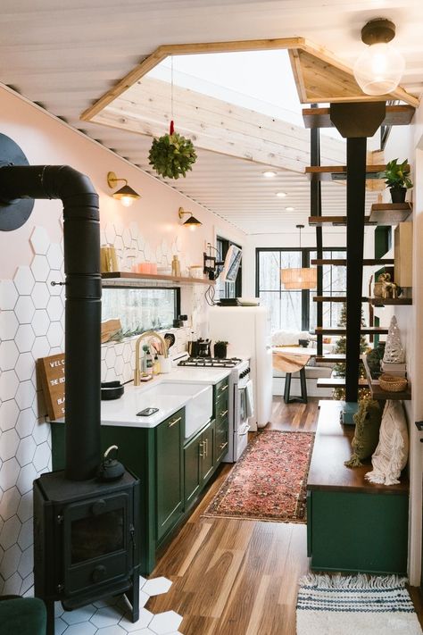 fireplace, kitchen, boho, decor, small home, tiny home, living smaller, boho style Smaller Home Ideas, Tiny Home With Porch, Container Kitchen Design, Container House Kitchen, Modern Tiny House Interior, Boho Tiny House, Tiny Home Trailer, Tiny Cabin Kitchen, Small Cabin Kitchens