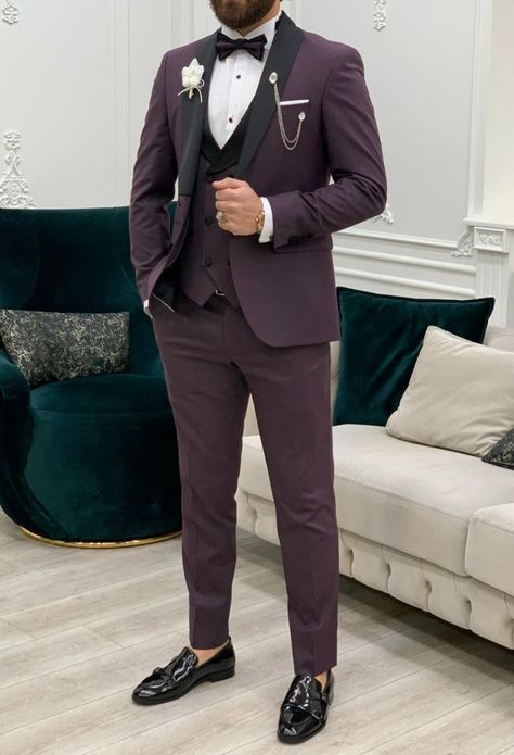 GENT WITH Yukon Purple Slim Fit Shawl Lapel Tuxedo Tuxedo Groomsmen, Purple Tuxedo, Shawl Lapel Tuxedo, Groomsmen Outfit, Tuxedo Colors, Groomsmen Outfits, Slim Fit Suit Men, Flower Chain, Pants Gift