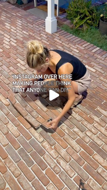 Andi Chow | DIY Home Projects on Instagram: "Should I go back and tell her? . . . #diy #diyhomedecor #homedecor #handmade #americanfarmhousestyle #brickfloor #brickbybrick #porchmakeover #porchdesign #cottagesandbungalows #diyprojects #diyer #diyhomeprojects #diylife #budgetdecor #interiordesign #vintageinteriors #diyart #bhghome #mybhghome #oldmillbrick #countryhomemagazine #easydiy #countrylivingmagazine #hometalk #betterhomesandgardens #thesimplydistressed" Fake Brick Flooring, Old Bricks Ideas Diy, Outdoor Brick Patio, Faux Brick Flooring, Front Porch Brick, Brick Makeover, Front Porch Walkway, Old Mill Brick, Porch Walkway