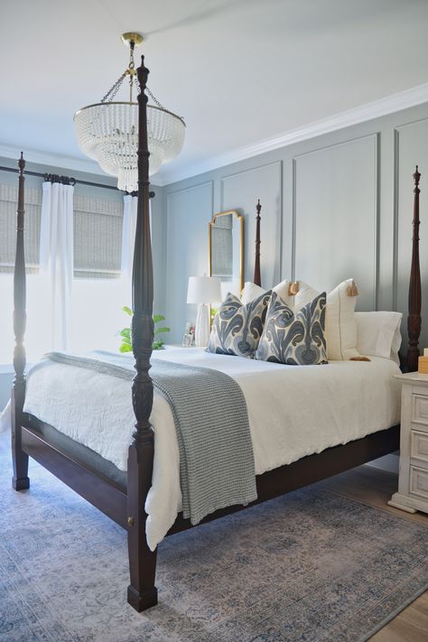 Dreamy vibes for your Monday, sweet friends! We love a gorgeous Spring bedroom refresh, and you've got Yours, too! This room was a plain white box when we started; now, it's a beautiful coastal oasis of rest and relaxation here in the Lowcountry...talk about a boost for your mental health! We love the Charleston look—let us find Your version of Coastal!   #bedroomdecor#coastalbedroom #Charleston #interiordesign #spring #springtime#mentalhealth #bluebedroom #bedroomdesign #lowcountry #trimmolding Blue Guest Bedroom Decor, Guest Room Blue Walls, Rice Beds Bedroom, Charleston Guest Bedroom, Southern Living Bedroom Ideas, Primary Bedroom Styling, Hampton Cottage Interiors, Southern Living Bedroom Master Suite, Colonial Chic Bedroom